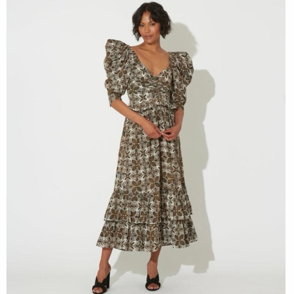 NWT Cleobella Vicenza Midi Dress Retro Tile Puff Sleeve Organic Cotton Small